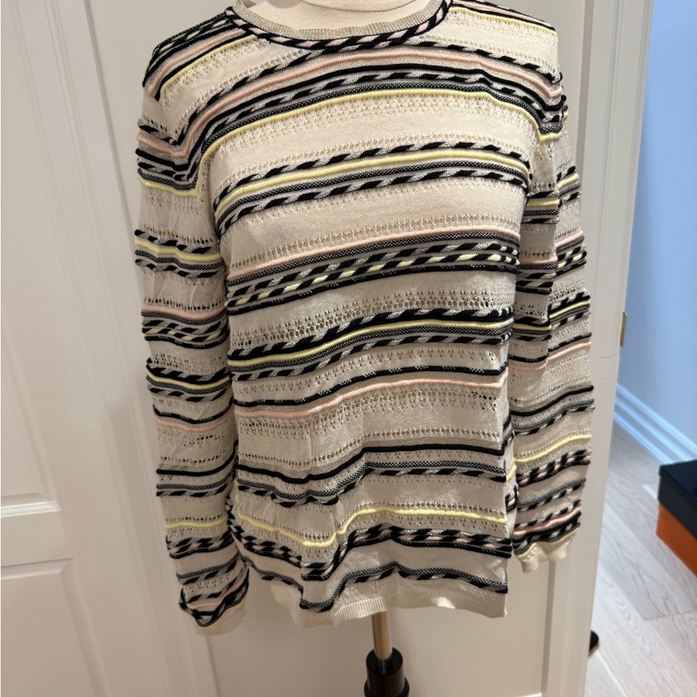 Maje Open-Knit Striped Crewneck Sweater